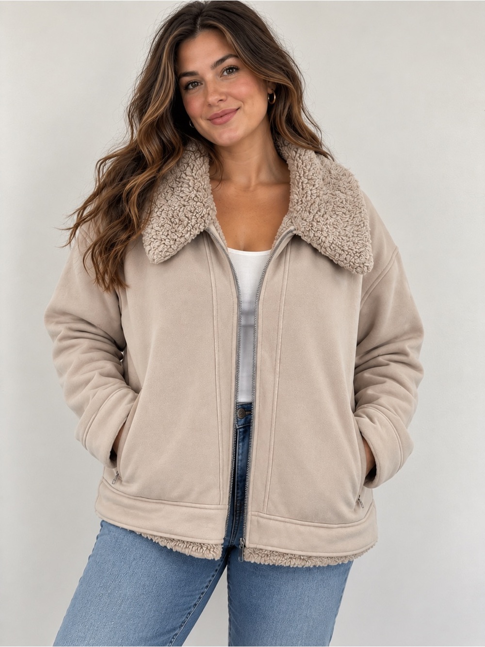 Athleta Sherpa Lined Cozy Jacket Taupe Size XL